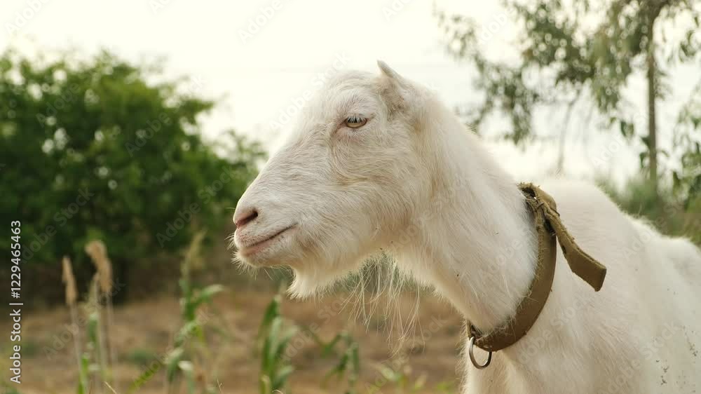 Profile portrait shot of a white hornless female goat in a meadow. Profile portrait shot of a white hornless female goat in a meadow.