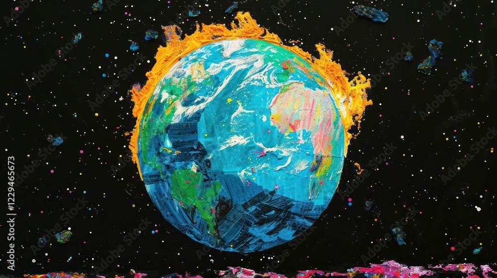 Obraz premium Vibrant depiction of Earth engulfed in flames against a cosmic backdrop with floating asteroids