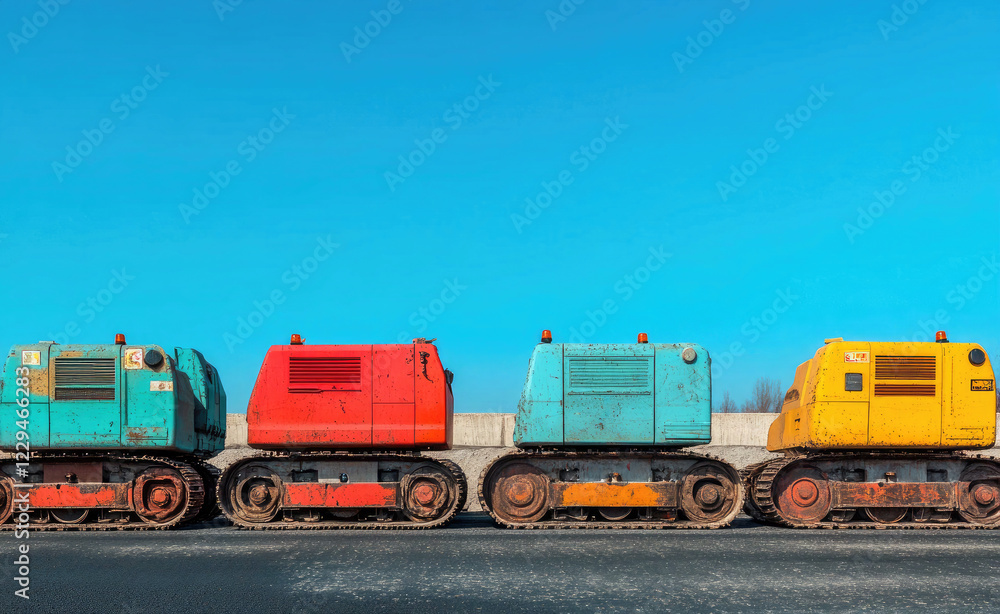 Colorful Heavy Machinery Lineup at a Construction Site Colorful Heavy Machinery Lineup at a Construction Site