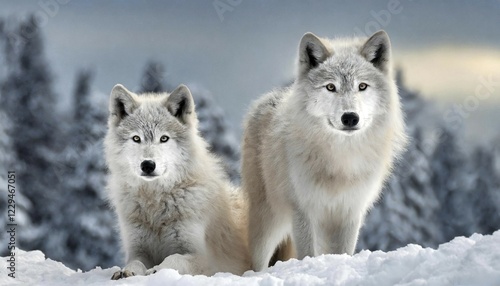 KI generated, animal, animals, mammal, mammals, biotope, habitat, two foraging, wildlife, ice, winter, snow, winter forest, white, white, algonquin wolf (Canis lupus lycaon), Bavarian Forest, Germany, Europe photo