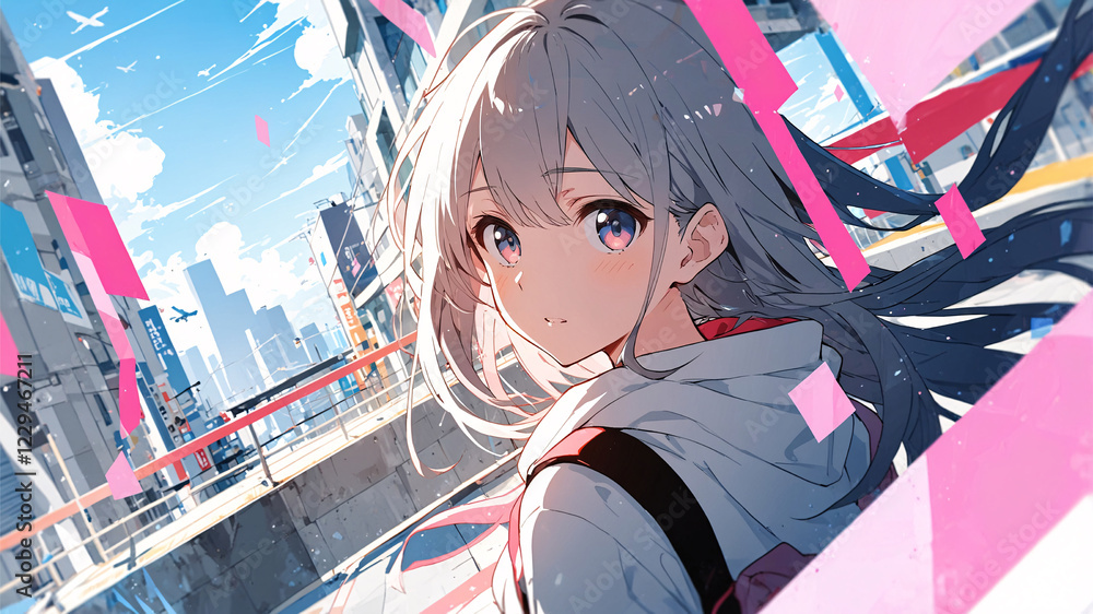 An anime-style illustration of a young girl with silver hair and blue eyes, standing in a futuristic cityscape An anime-style illustration of a young girl with silver hair and blue eyes, standing in a futuristic cityscape