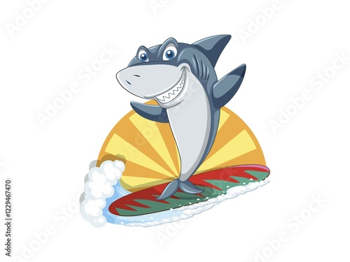 Cartoon shark riding a surfboard on a wave photo