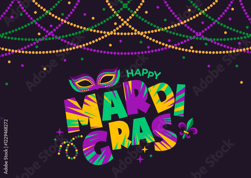 Mardi Gras carnival vector background celebration banner with Mardi Grass phrase, logo, beads, border, confetti, decorations for social media, web, ads, campaigns