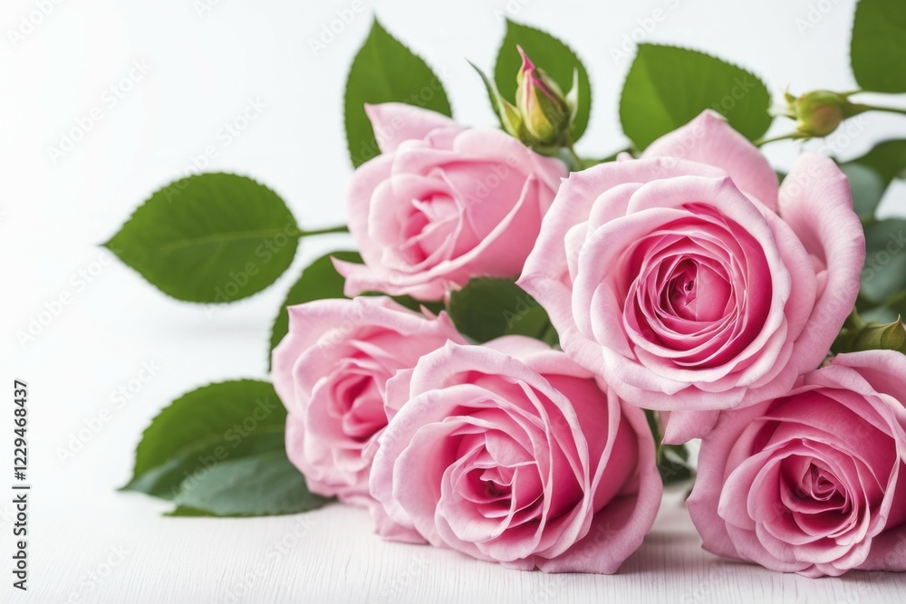 Close-up of pink roses with green leaves against a white background, highlighting their intricate beauty, AI generated Close-up of pink roses with green leaves against a white background, highlighting their intricate beauty, AI generated