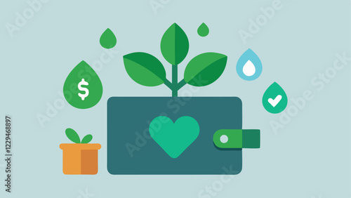 Wallet with EcoFriendly Symbols An open wallet displays ecofriendly symbols like a tree water droplet and heart indicating monetary support for environmentally conscious companies.