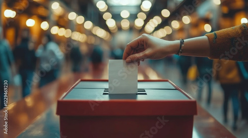 hand placing ballot into red voting box in busy public space, symbolizing civic engagement and participation in elections photo