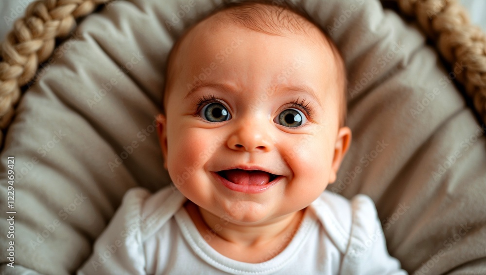 Adorable baby smiling in cozy nursery setting Adorable baby smiling in cozy nursery setting