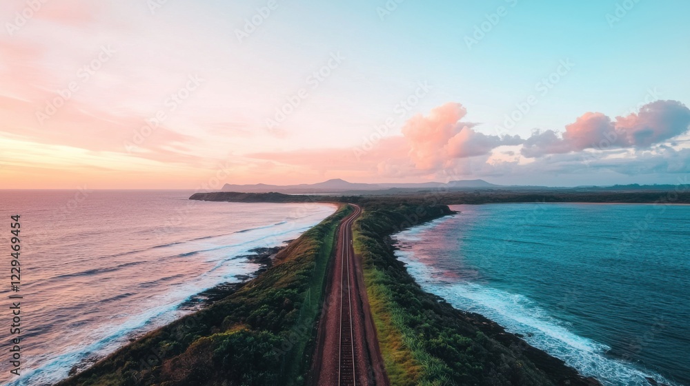 Fototapeta premium A breathtaking aerial view of a coastal road winding along the ocean, with a colorful sunset illuminating the sky.