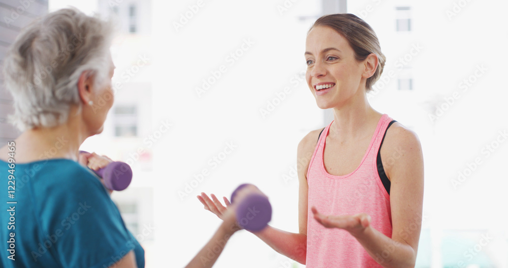 Elderly woman, physiotherapist and weights in gym for fitness, instruction or arm injury recovery. Senior client, physiotherapy or dumbbells in practice for exercise, muscle development or joint care Elderly woman, physiotherapist and weights in gym for fitness, instruction or arm injury recovery. Senior client, physiotherapy or dumbbells in practice for exercise, muscle development or joint care