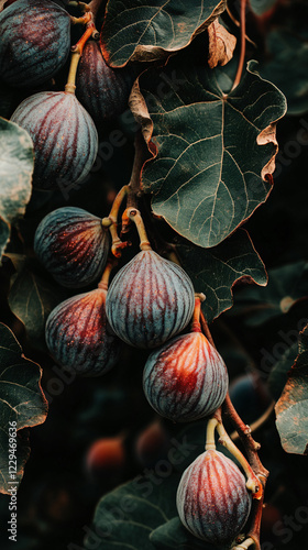 Close-up photography dark red figs hanging tree branch lush green leaves organic texture natural beauty moody field warm soft earthy tones still life wild rich raw exotic farmer market fiber lush photo