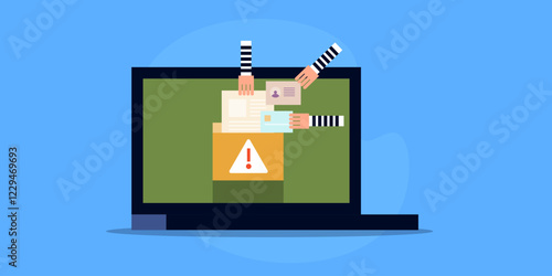 Data theft concept. Cyber hacker stealing information from laptop file, warning alert on screen. Vector illustration banner.