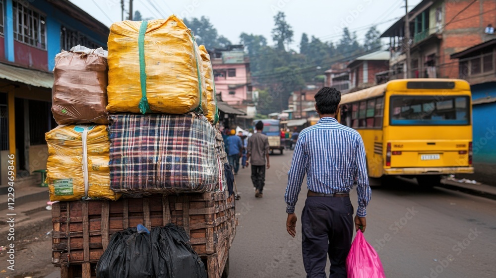 Obraz premium A bustling street scene featuring a man walking past a cart loaded with colorful packages and busy urban life in the background.