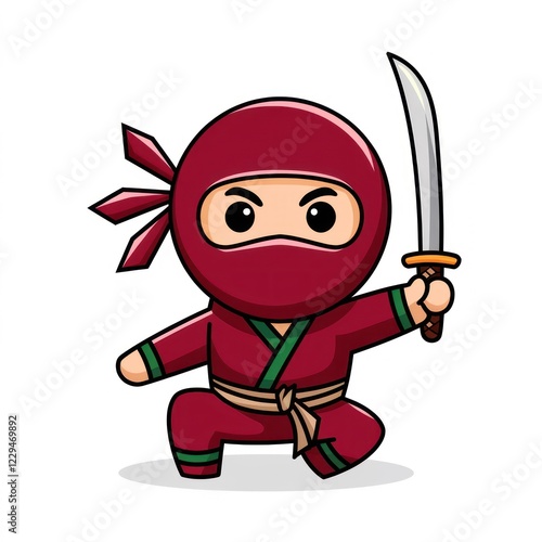 a cute red ninja cartoon character holding a sword. The ninja has a determined expression, ready for action photo