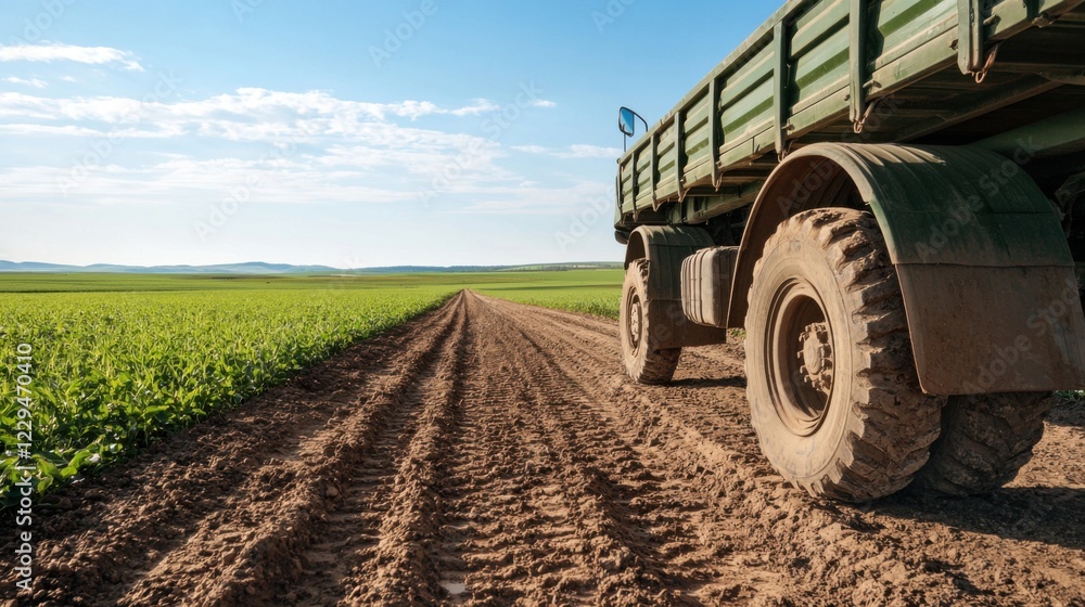 Obraz premium A close-up view of a truck on a dirt road, surrounded by lush green fields, representing agricultural transport.