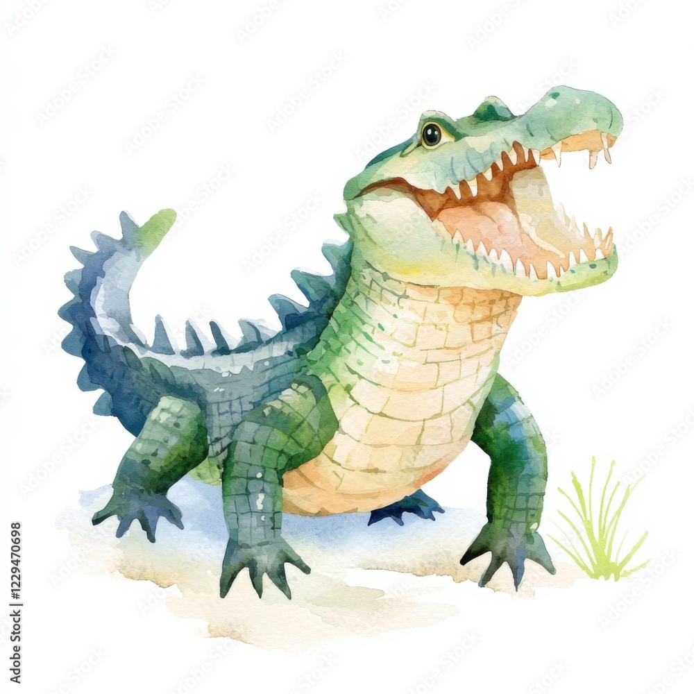 Obraz premium Watercolor crocodile painting nature scene animal illustration vibrant colors artistic viewpoint, isolated on white background