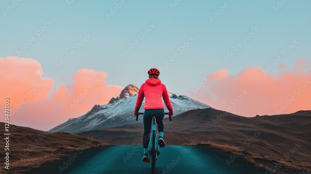 A cyclist rides along a scenic road, surrounded by majestic mountains and a vibrant sky at sunset, embodying freedom and adventure. A cyclist rides along a scenic road, surrounded by majestic mountains and a vibrant sky at sunset, embodying freedom and adventure.