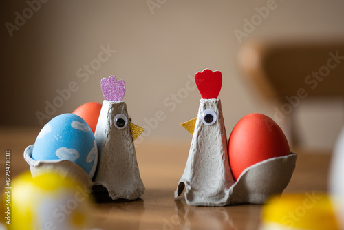 kids craft - egg stand made from packaging carton. chicken for Easter