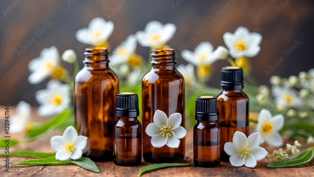 Aromatic essential oils in elegant amber bottles Aromatic essential oils in elegant amber bottles
