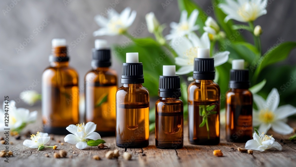 Aromatic essential oils in elegant amber bottles Aromatic essential oils in elegant amber bottles