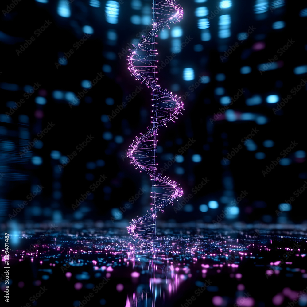 Obraz premium Glowing Purple DNA Double Helix Structure Floats with Blurry Background Reflects Beautifully