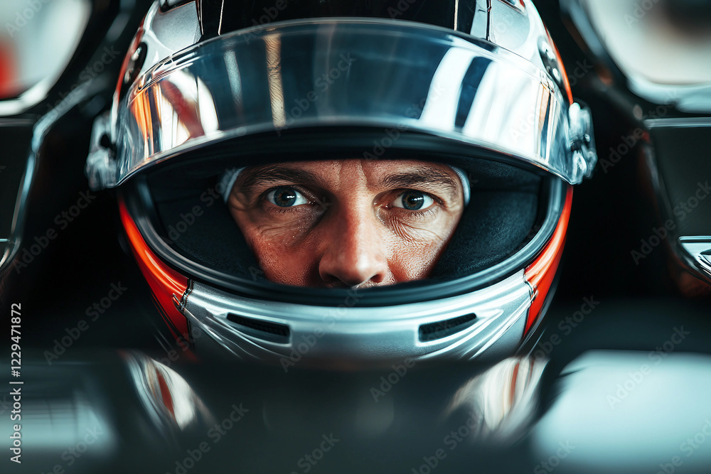 Intense portrait of a focused car racer in a helmet showcasing determination and speed, generative AI Intense portrait of a focused car racer in a helmet showcasing determination and speed, generative AI