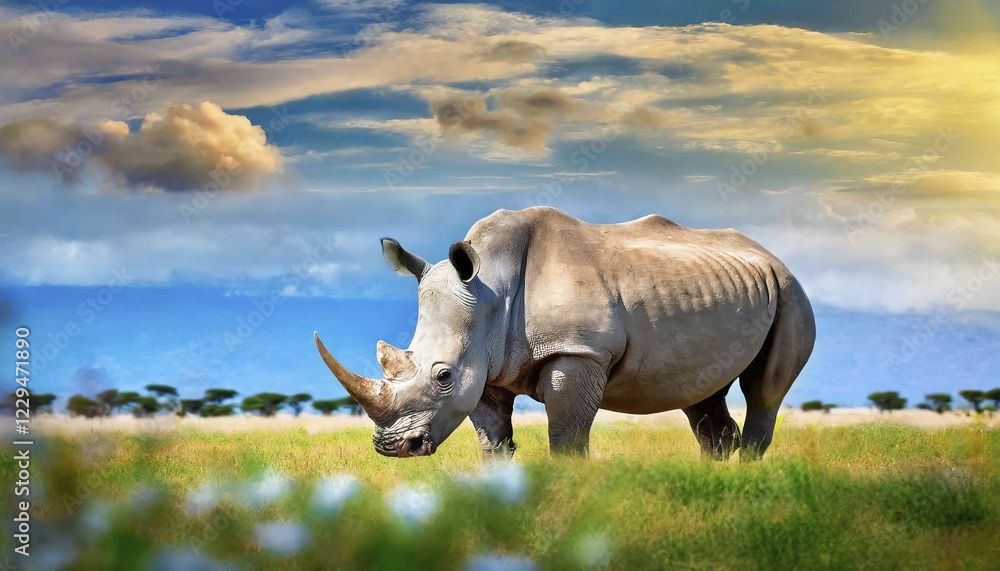Fototapeta premium AI generated, animal, animals, mammal, mammals, biotope, habitat, one, individual, foraging, wildlife, rhinoceros, white rhinoceros (Ceratotherium simum), white-lipped rhinoceros, white rhino