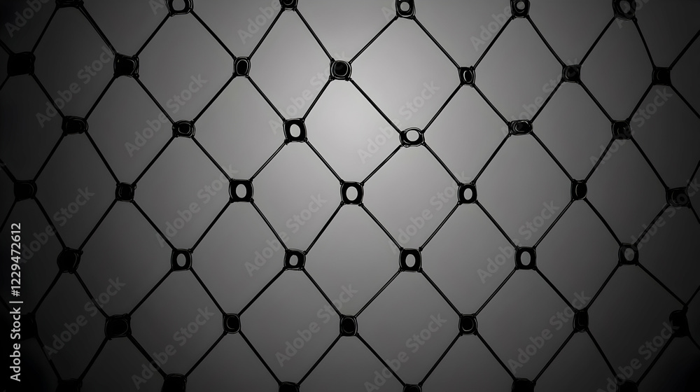 Fototapeta premium Abstract black mesh network pattern forms diamond shapes against a subtly lit gray background.
