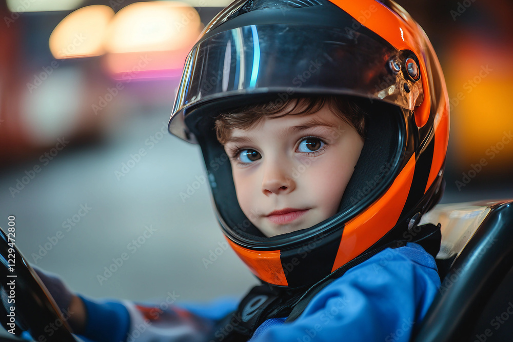 Adorable child in a racing helmet, ready for action on the track, showcasing enthusiasm for motorsport, generative AI Adorable child in a racing helmet, ready for action on the track, showcasing enthusiasm for motorsport, generative AI