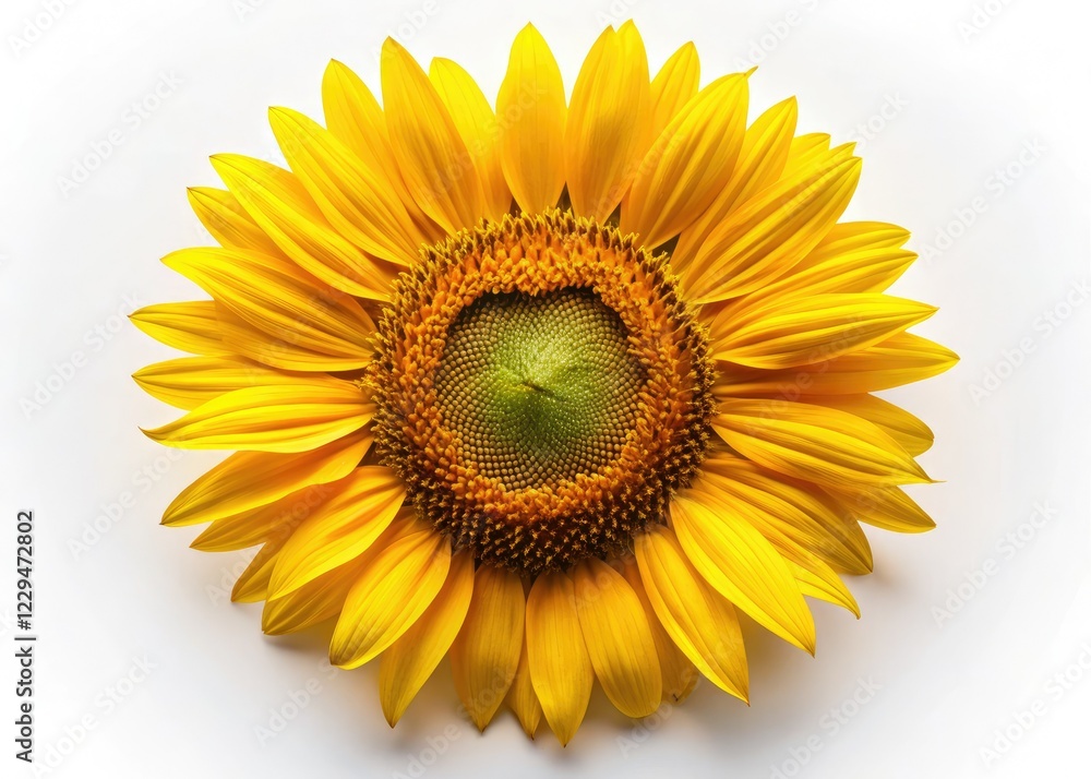 Fototapeta premium Aerial drone shot: a single sunflower, heart-shaped, isolated against a pure white background.