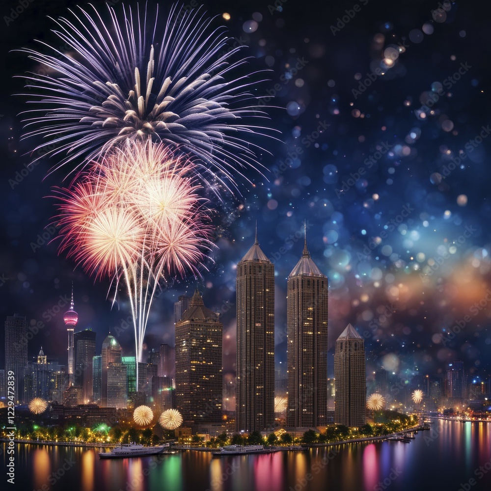 Spectacular fireworks display brightens the night sky over tall buildings and city lights, AI generated Spectacular fireworks display brightens the night sky over tall buildings and city lights, AI generated