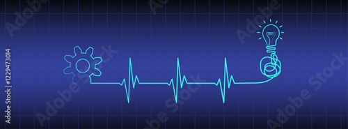 Heart rhythm illustration on blue medical background with lightbulb, gear, heartbeat vector design to use for healthcare business, healthy lifestyle, medicine, ekg concept illustration project. 