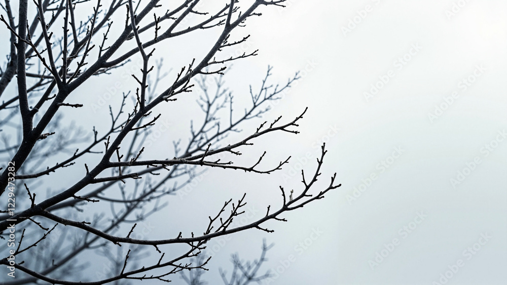 Close-up of Bare Tree Branches Against a Serene Pale White Background, Ideal for Nature-Themed Marketing, Seasonal Promotions, or Winter Designs Close-up of Bare Tree Branches Against a Serene Pale White Background, Ideal for Nature-Themed Marketing, Seasonal Promotions, or Winter Designs