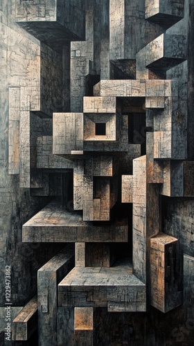 Intricate and artistic depiction of wooden blocks arranged in a three-dimensional structure, showcasing rich textures and contrasting light and shadow.