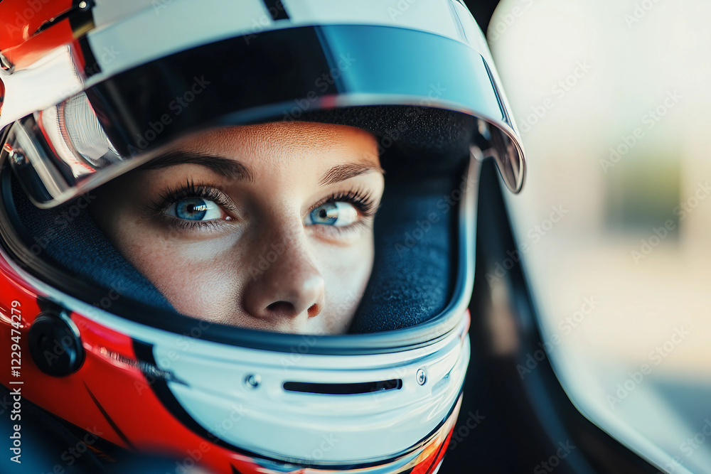 Intense portrait of a focused car racer in a helmet showcasing determination and speed, generative AI Intense portrait of a focused car racer in a helmet showcasing determination and speed, generative AI