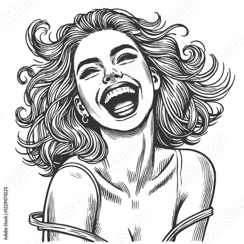 Crazy mad woman laughing joyfully with an expressive and dynamic pose sketch engraving generative ai fictional character vector illustration. Scratch board imitation. Black and white image.