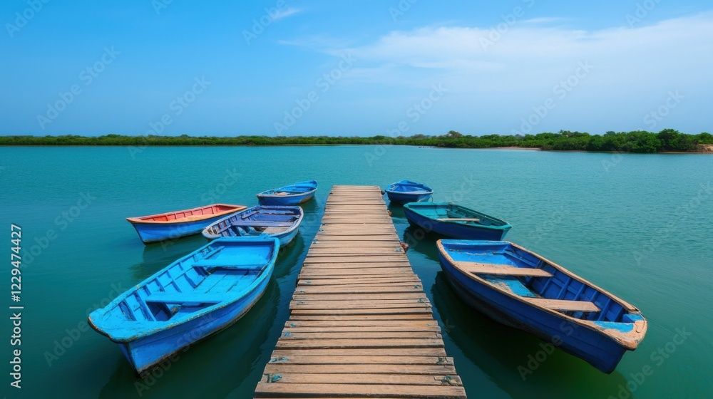A serene dock with colorful boats on calm waters, surrounded by lush greenery under a clear blue sky, perfect for tranquil escapes. A serene dock with colorful boats on calm waters, surrounded by lush greenery under a clear blue sky, perfect for tranquil escapes.