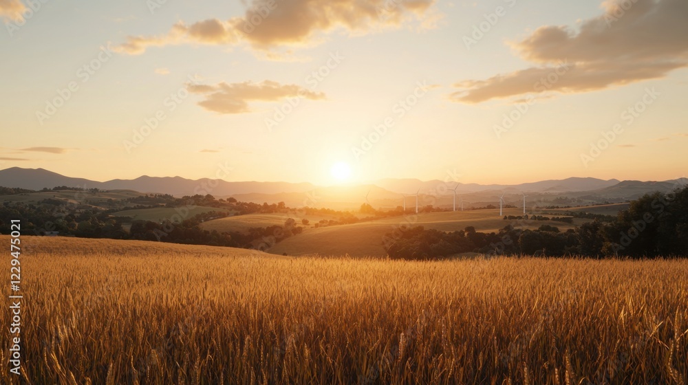 A serene sunset over golden wheat fields, casting warm hues across the vast countryside horizon, capturing nature's tranquility and beauty. A serene sunset over golden wheat fields, casting warm hues across the vast countryside horizon, capturing nature's tranquility and beauty.