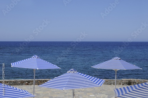 White-blue striped sunloungers and parasols, Crete, Greece, Europe, PublicGround, Europe photo