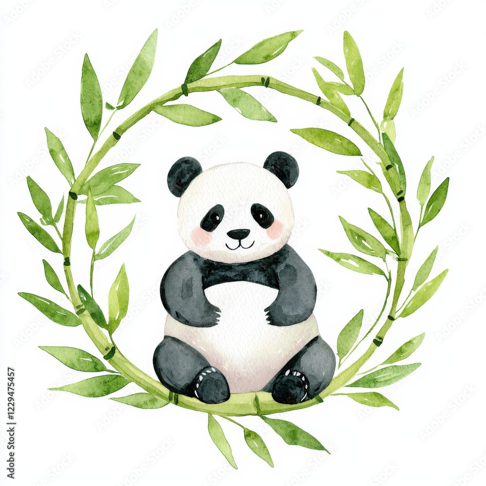Whimsical watercolor panda surrounded by greenery nature scene cute animal art playful vibe, isolated on white background Whimsical watercolor panda surrounded by greenery nature scene cute animal art playful vibe, isolated on white background
