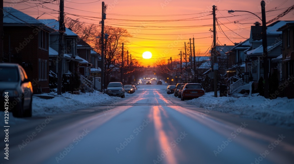 Obraz premium A serene winter street at sunset, featuring snow-covered roads and houses bathed in warm, golden light.