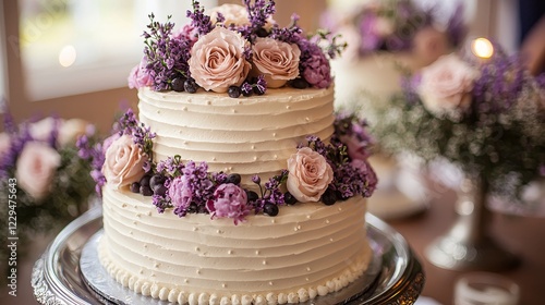 Elegant two-tier wedding cake adorned with fresh roses and purple flowers, perfect for special celebrations.