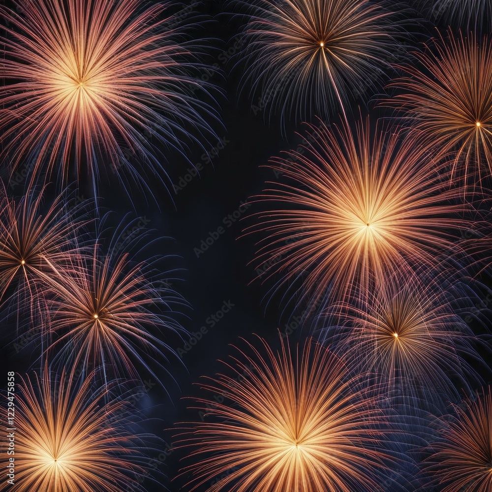 Orange and red fireworks bursting against a black night sky, creating a festive atmosphere, AI generated Orange and red fireworks bursting against a black night sky, creating a festive atmosphere, AI generated