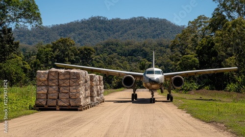 A small cargo plane parked on a remote dirt runway surrounded by lush greenery, ready for loading or unloading goods.