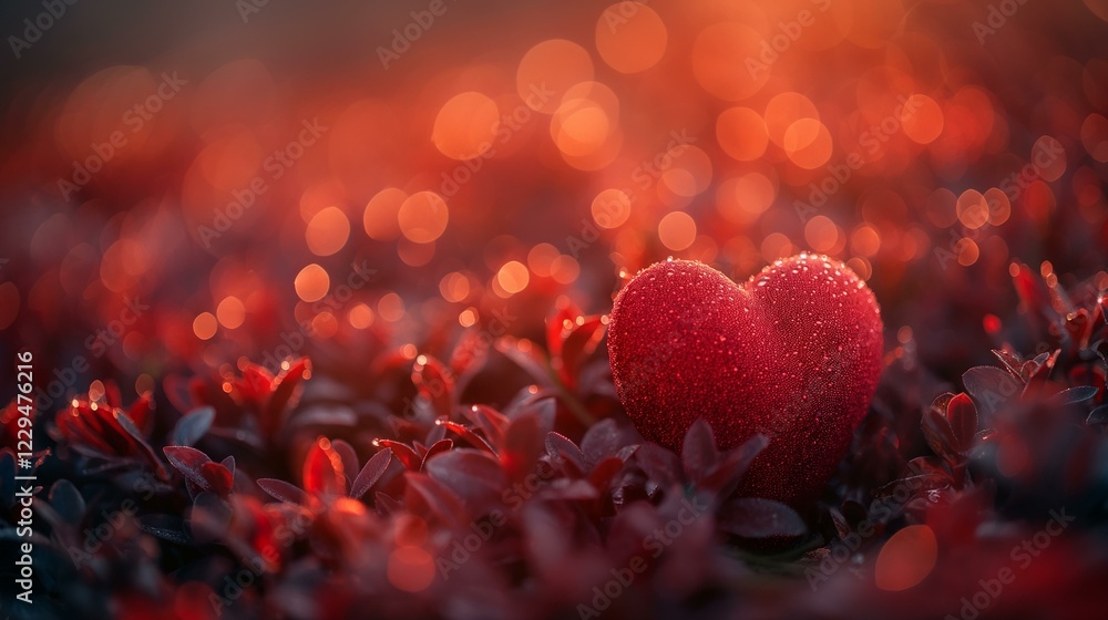Red Heart Covered in Dew Drops Among Reddish Plants at Sunrise Red Heart Covered in Dew Drops Among Reddish Plants at Sunrise