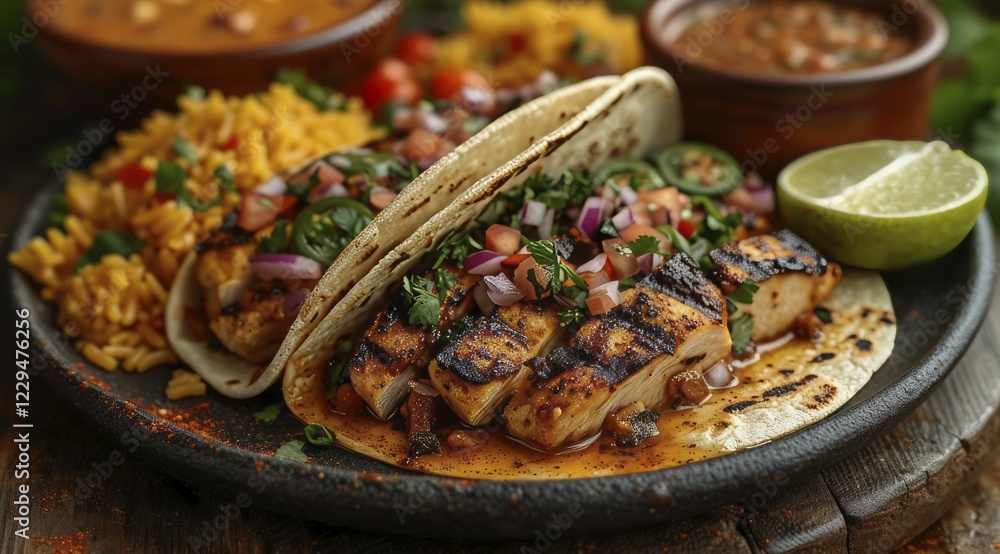 Plate with chicken tacos alongside rice and beans garnished with lime and salsa, AI generated Plate with chicken tacos alongside rice and beans garnished with lime and salsa, AI generated