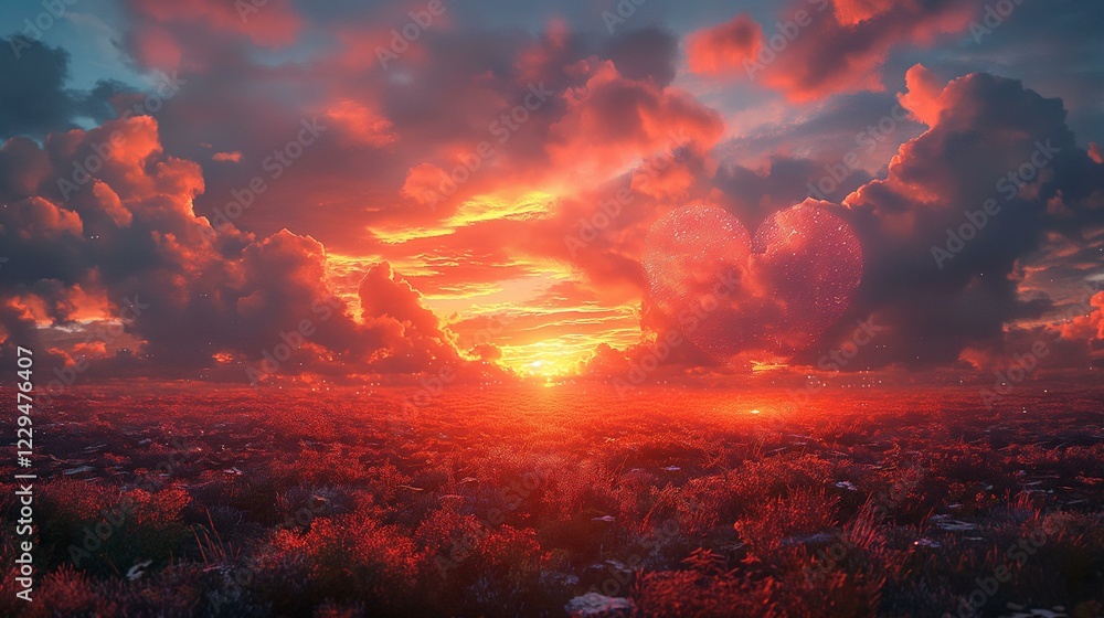 Fiery Sunset Landscape with HeartShaped Cloudscape Dramatic Sky and Reddish Field Fiery Sunset Landscape with HeartShaped Cloudscape Dramatic Sky and Reddish Field