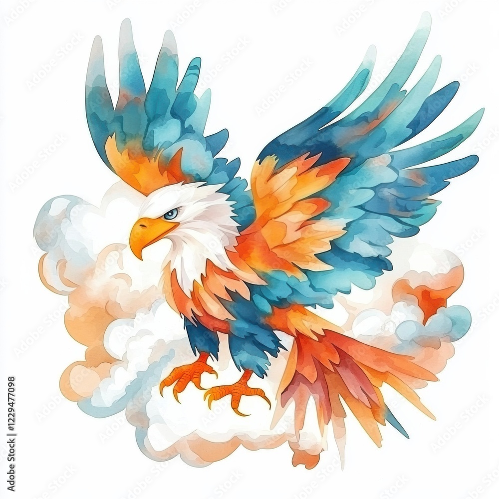 Obraz premium Vibrant watercolor thunderbird illustration nature art fantasy aerial view mythical creature in colorful flight, isolated on white background