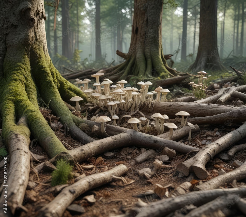 Forest ecosystem with oyster mushrooms growing among tree roots and decaying logs, pleurotus ostreatus, oyster mushroom, forest floor Forest ecosystem with oyster mushrooms growing among tree roots and decaying logs, pleurotus ostreatus, oyster mushroom, forest floor