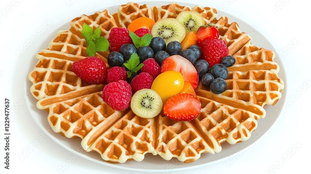 Mini waffles arranged in a circular pattern, served with mixed fruit, clip art watercolor illustration isolated on white background Mini waffles arranged in a circular pattern, served with mixed fruit, clip art watercolor illustration isolated on white background