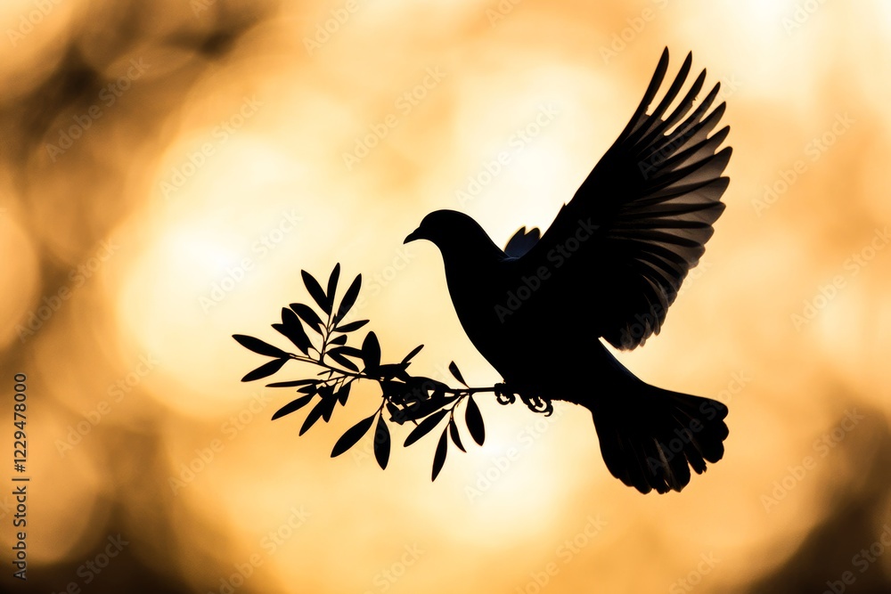 Fototapeta premium A bird is flying in the sky with its wings spread out. The bird is silhouetted against the orange and yellow sky, creating a peaceful and serene atmosphere